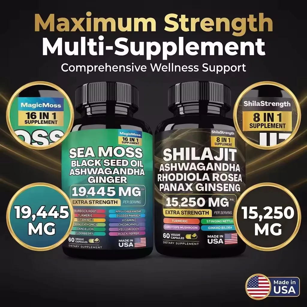 Natural Energy Focus Stress Relief Sea Moss Shilajit Supplement , Extra Strength Ashwagandha Ginger Turmeric Dietary Supplement