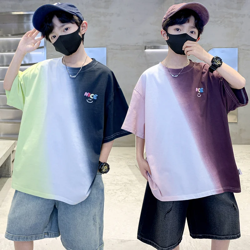 Kids Design Short Sleeve Cotton Gradient T-shirt for Tweens Boy Fashion Summer Clothes Tshirt Teens Child Casual Tee Tops Outfit