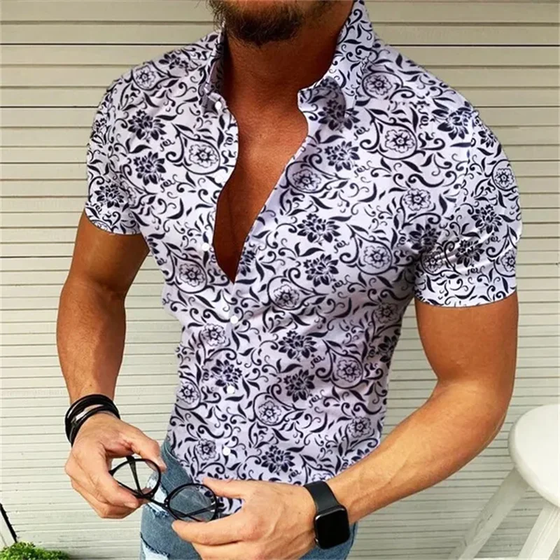 Fashionable New Men's Floral Shirt Hawaiian Short Sleeve Slim Button Lapel Shirt Floral Shirt Casual Summer Top Large Size S-5XL