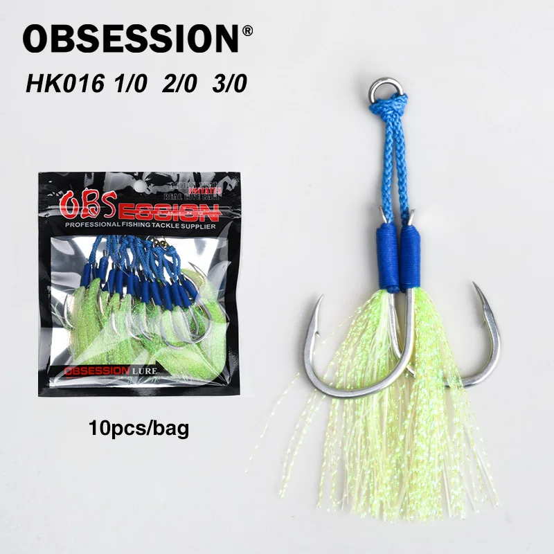 OBSESSION HK016 10 hameçons assistés pour jigging lent 1/0-3/0, hameçons doubles lumineux pour ligne PE, hameçons de pêche en eau salée