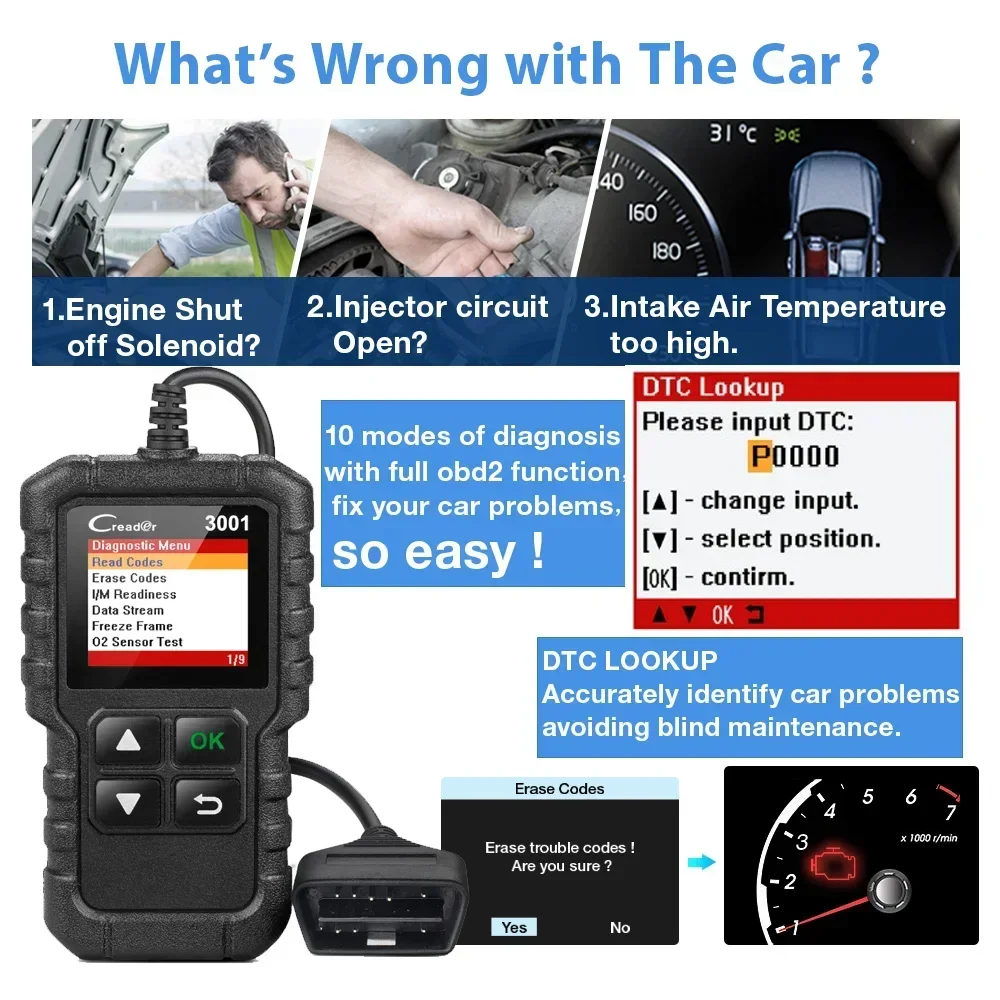 LAUNCH X431 CR3001 Car Full OBD2 Diagnostic Tools Automotive Professional Code Reader Scanner Check Engine Free Update pk ELM327