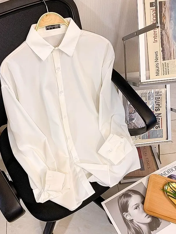 

White Long Sleeve Women's Shirt Base Layer Top Inner Wear Oversized Design College Style Fashionable Thin Polyester Blouse
