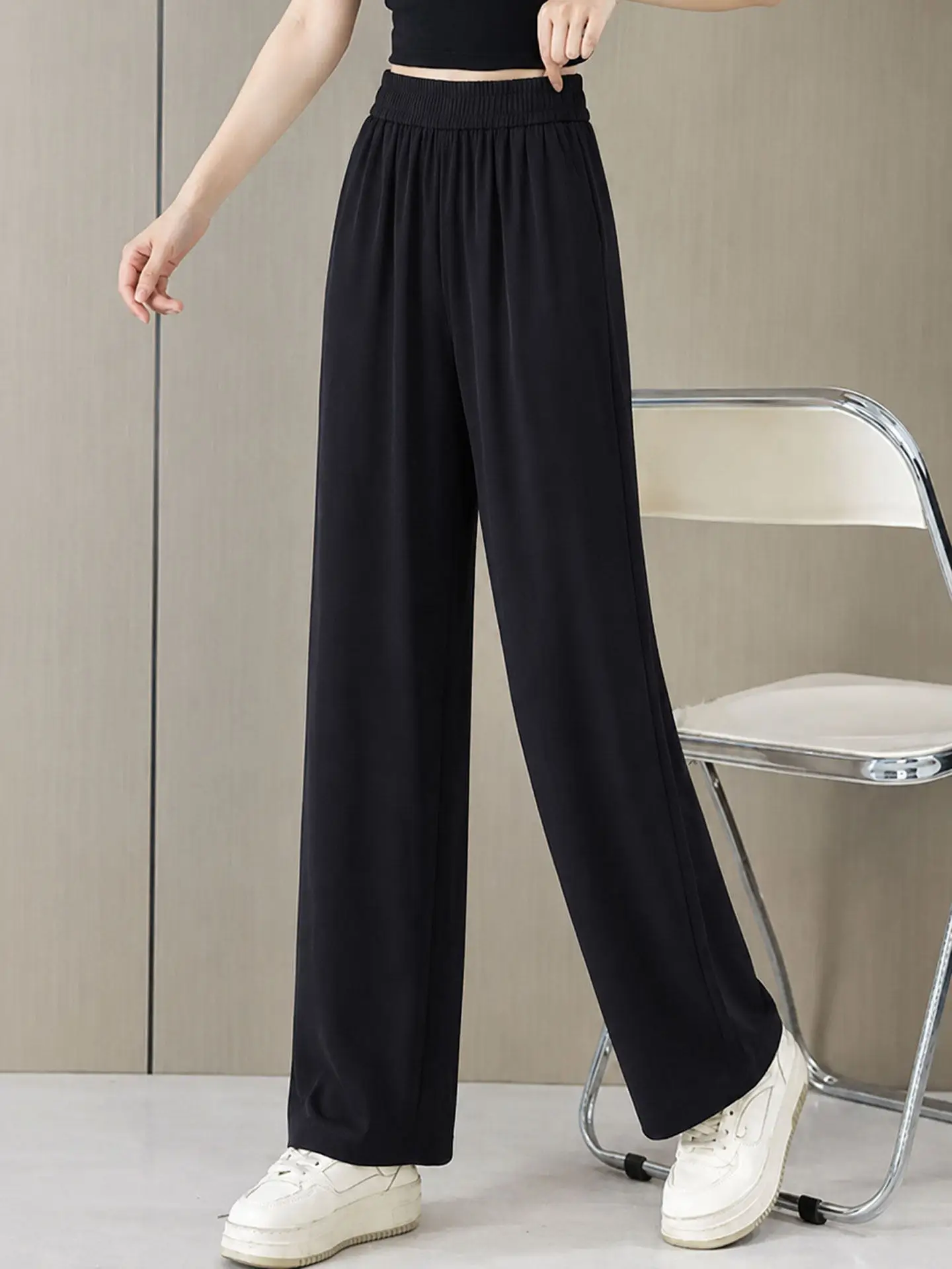 Black Silk Wide Leg Pants Women's Summer Thin Elastic Waist Loose Casual Drapey Small Size Ice Silk Wide Leg Pants
