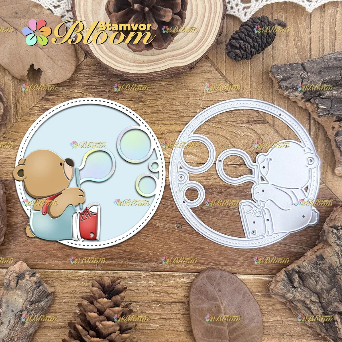 Original Lovely Bear Blows Bubbles Circle Frame Metal Cutting Dies Scrapbooking Decorative Embossing