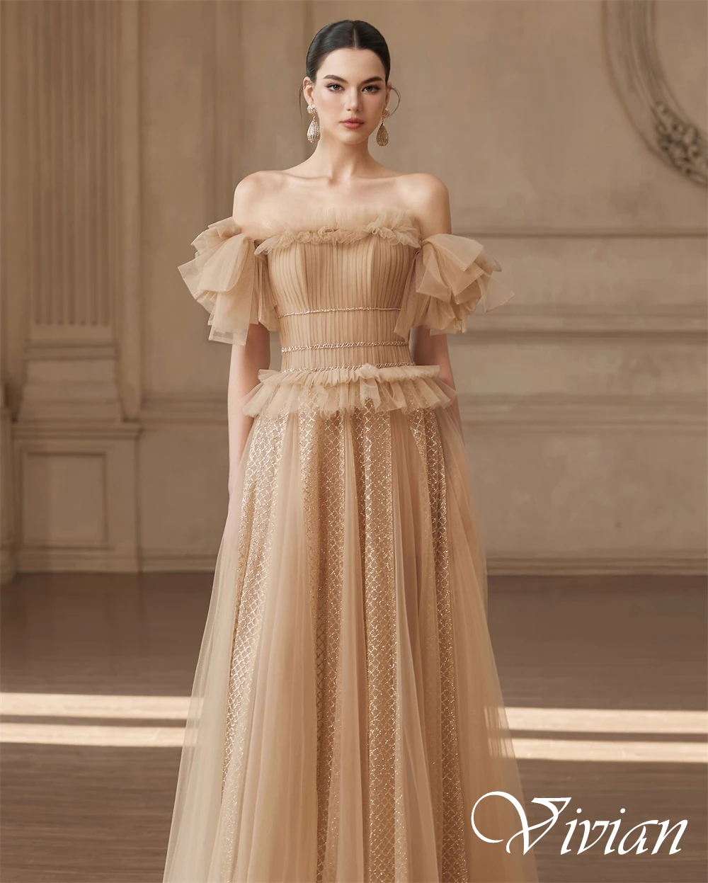 Customized Strapless Short Sleeves Delicate Prom Dress A-Line Modern Evening Dress Crystal Floor Length Luxury Bridal Gowns