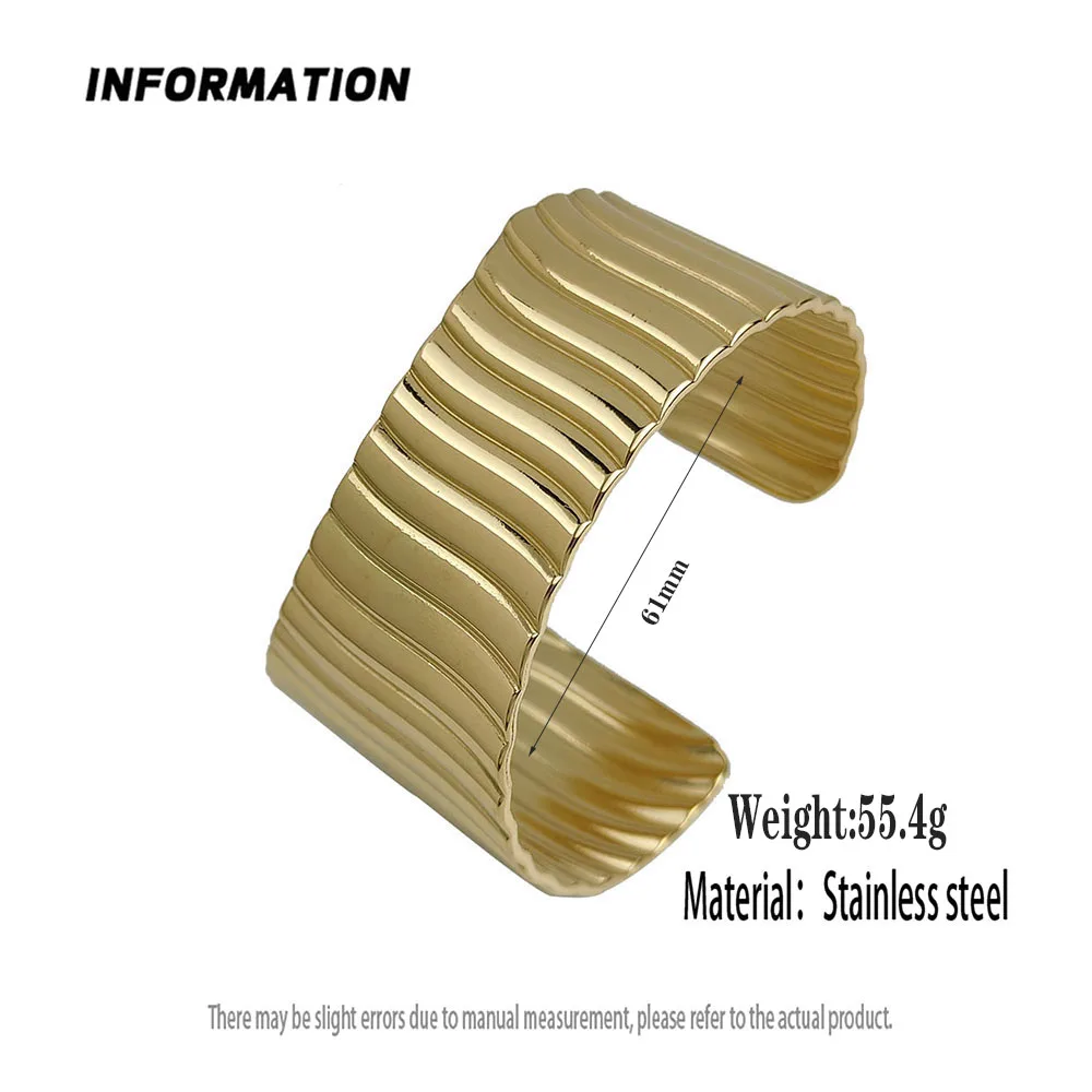 316L Stainless Steel 18K Gold Plated Diagonal Stripe Wide Open Cuff Bangle Ridged Textured Minimalist Bracelet For Women