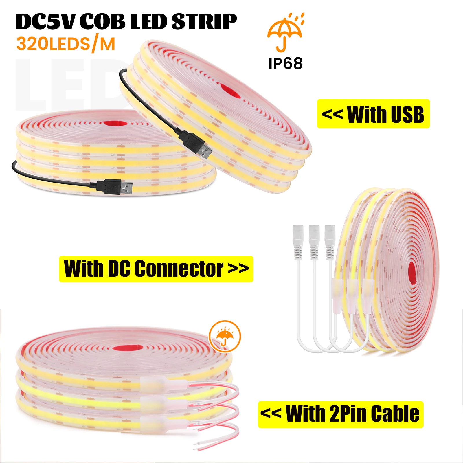 DC 5V COB Strip With USB/2PIN IP68 Waterproof 320Leds/M RA90 3000K 4000K 6000K Home Garden Decor Flexible Ribbon Rope LED Light