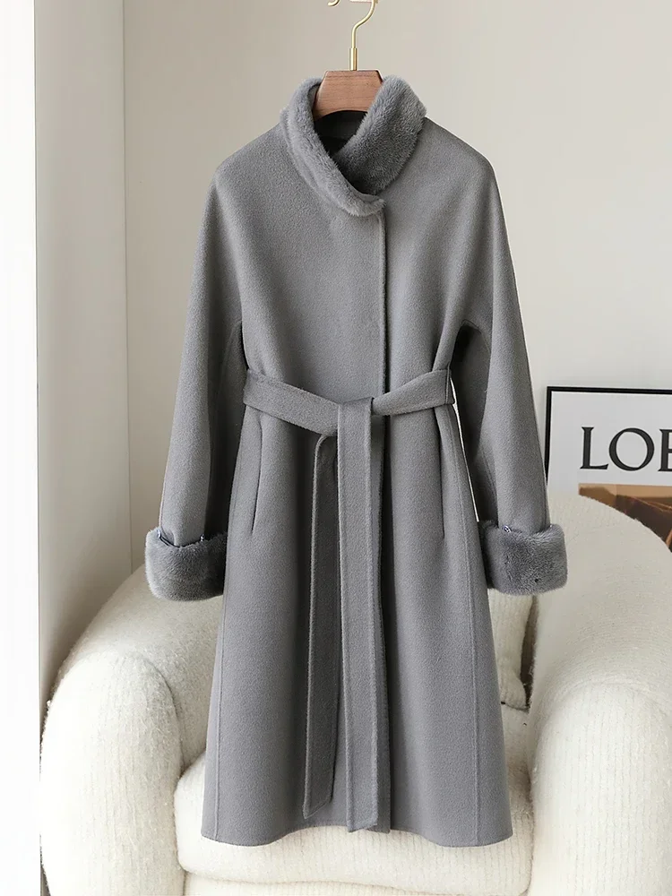 

2024 Top quality Winter warm plush real Mink Fur Collar parka coats Long Jackets With Real mink fur trench coats