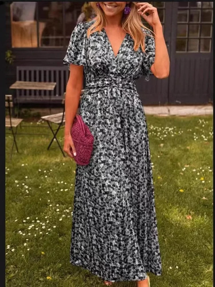 CPSYMYM New Summer Fashion Boho Floral Long Dress For Women Sexy V-neck Short Sleeve High Waist A-line Dress Elegant Women's Ves