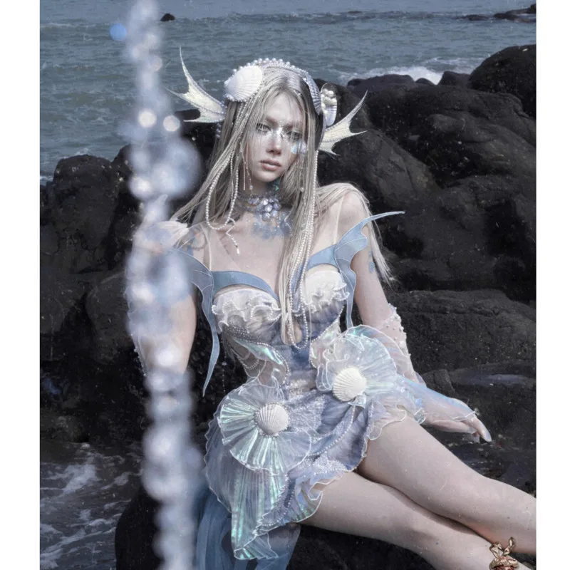 

Blood Supply◆Call Of The Siren Mermaid Tie-Up Polarized Bra Strap Dress Island Vacation Dress