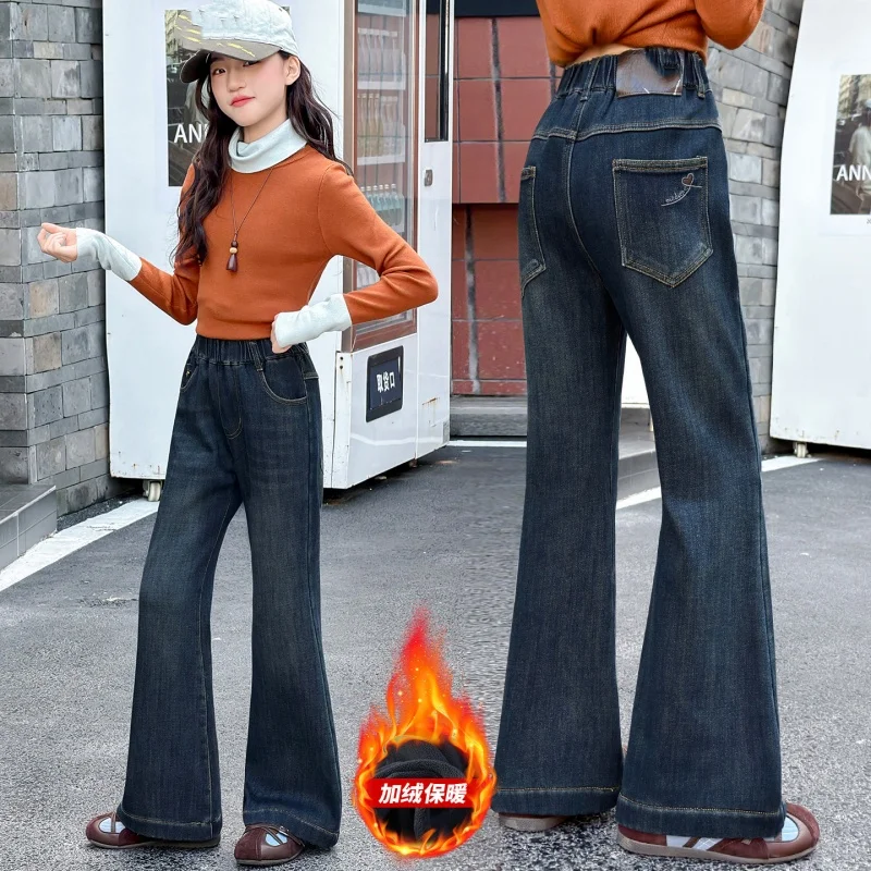 Girls Fleece Lined Flare Jeans Winter Elastic Waist Denim Pants Kids Warm Bootcut Trousers 6-16Y Loose Fit Easy Care