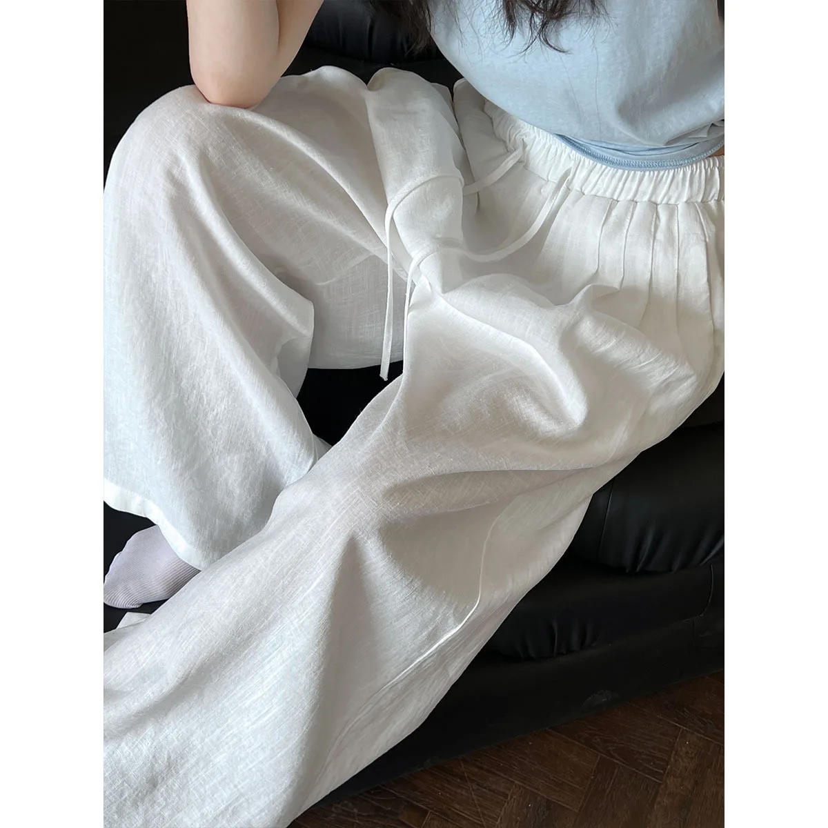 

Linen Cotton Long Pant Elastic Waist Casual Slimming Wide Leg Pants For Women's Summer
