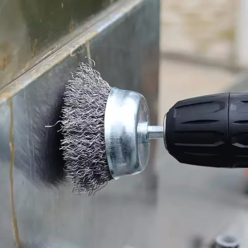 3Pcs Steel Wire Brush Set, Cup Brush & Wheel Brush with 1/4 Inch Hex Shank, Coarse Carbon Steel Crimped Wire Brushes for Drill view 5