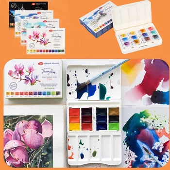 러시아 화이트 나이트 아티스트 등급 솔리드 수채화 페인트, 12 색 풀 블록 세트, 휴대용 스케치 수채화 상자 미술 용품