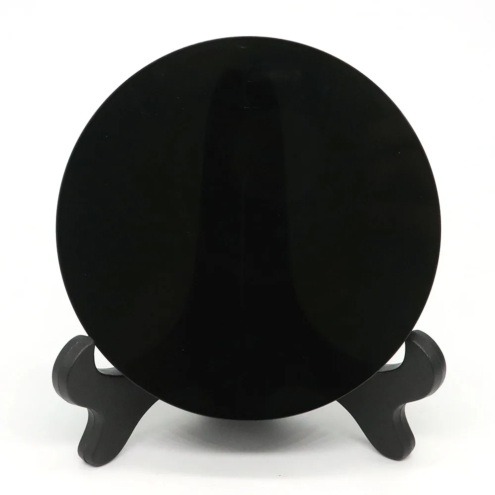 High Quality Natural Black Obsidian Scrying Mirror Healing Crystals Stone Round Plate Witchcraft Mirror Crystal Decor With Shelf