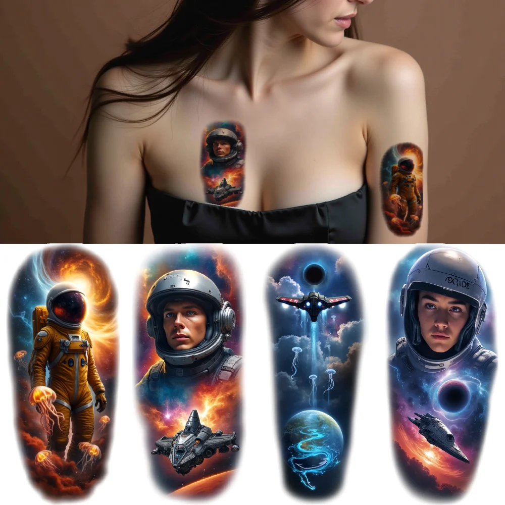 

12pcs Temporary Tattoo Spacecraft Realistic Temporary Tattoos Helmet Space Suit Colorful Realism Planet For Shoulders Men