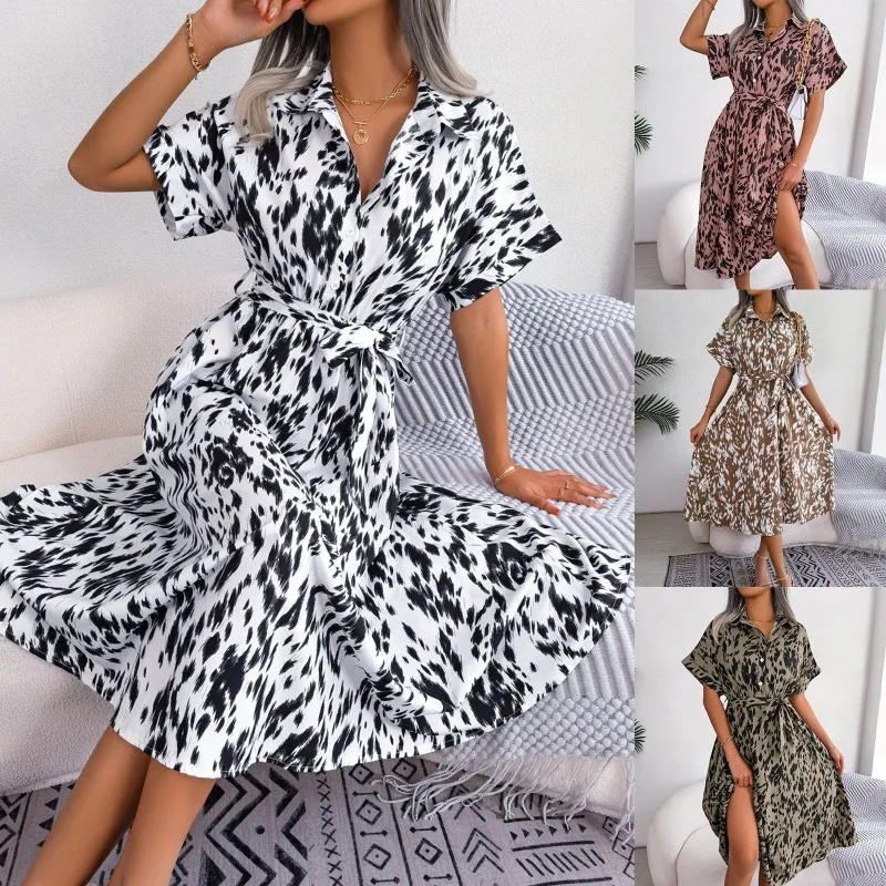Spring Summer Loose Leopard Print Tie Front Shirt Dress Women Casual Beach EU US Gown