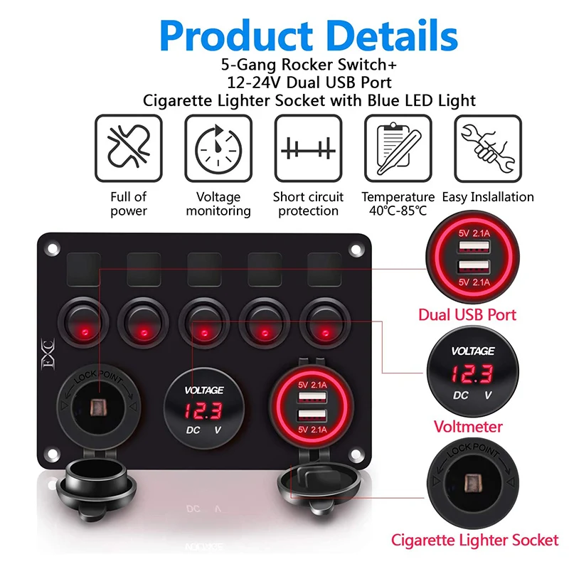 Dual USB Socket Charger LED Voltmeter 12V Power Outlet 5 Gang ON-OFF Toggle Switch Panel for Car Boat Marine RV Truck C