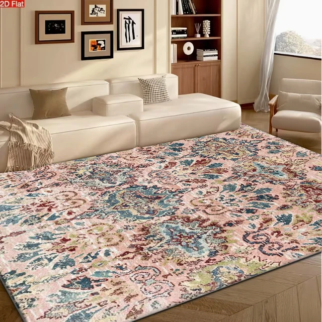 Blush Pink Distressed Vintage Square Rug Faded Oriental Floral Ornate Non-Slip Floor Carpet for Bedroom Bohemian Home Style
