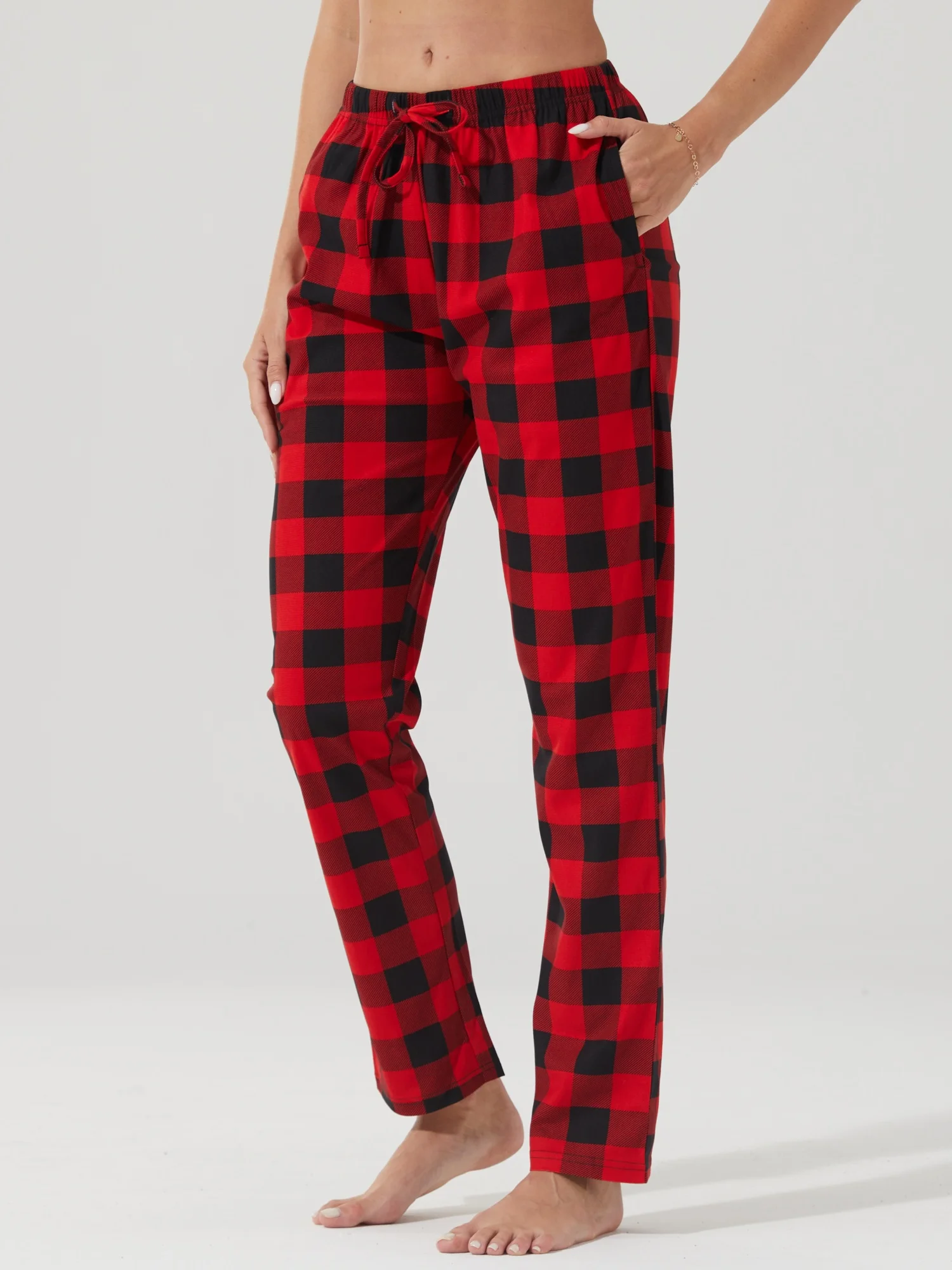 

Женские пижамные штаны в клетку с цветочным принтом и карманами, мягкая одежда для сна на шнурке, осень-зима, удобные пижамные штаны с принтом