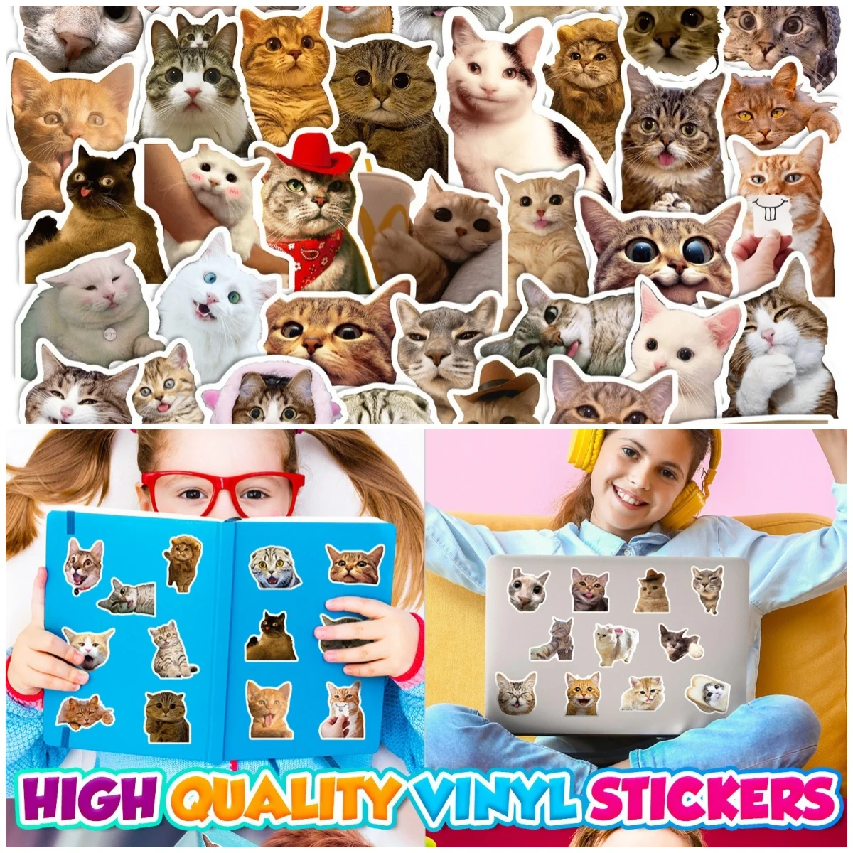 50 Adesivos de Gato Fofos, Emojis de Gato de Celebridades da Internet, Adesivos de Graffiti para Capas de Celular e Copos de Água