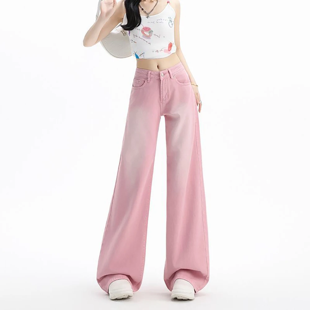 Pantaloni in denim rosa sfumato alla moda per donna Jeans classici dritti a gamba larga Streetwear 2026 Pantaloni larghi casual della nuova primavera