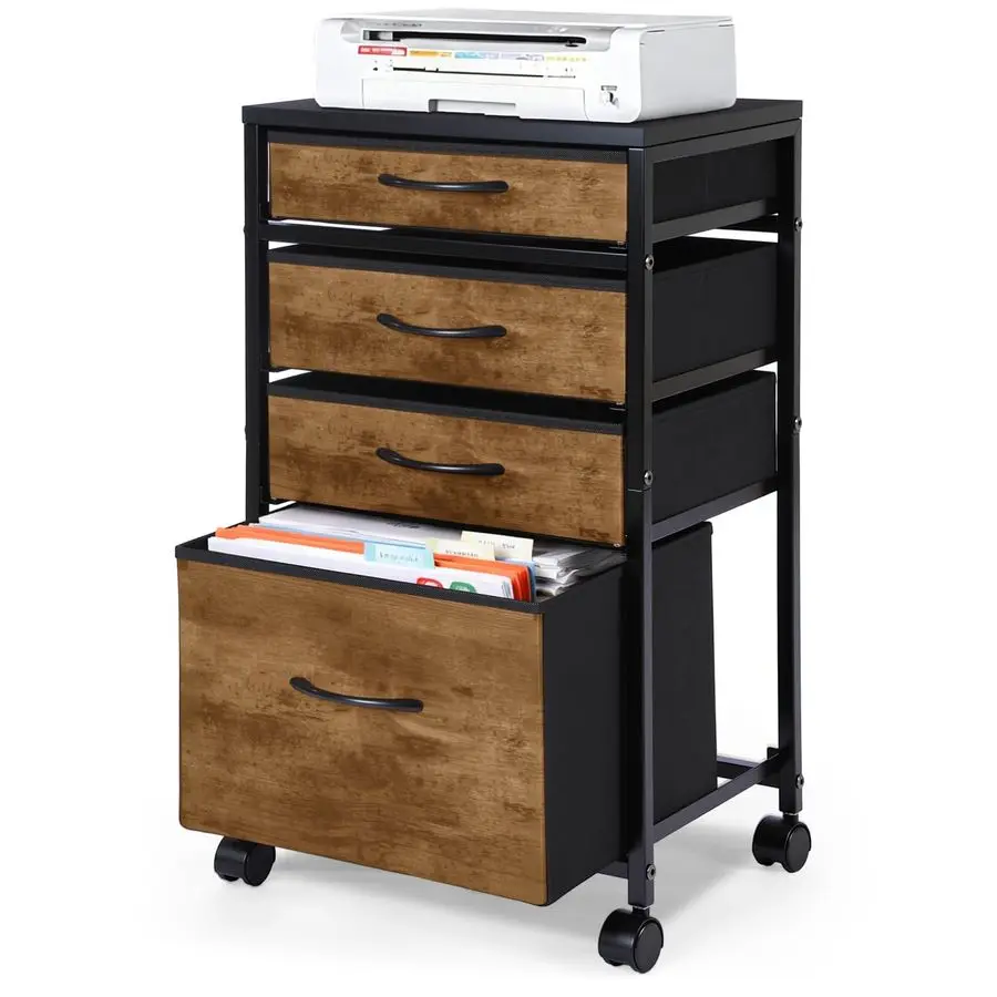 

4 Drawer Rolling File Cabinet Mobile Printer Stand Metal Cart with Fabric Vertical Filing Chest Wheels A4 Letter Size Under Des