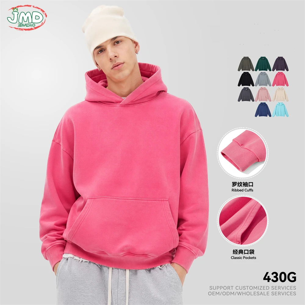 JMD Fashion Man 430gsm Batik Washed Cotton Hoodie Unisex Retro Distressed Heavy Weight Solid Hooded Pullovers Outwears QH0180
