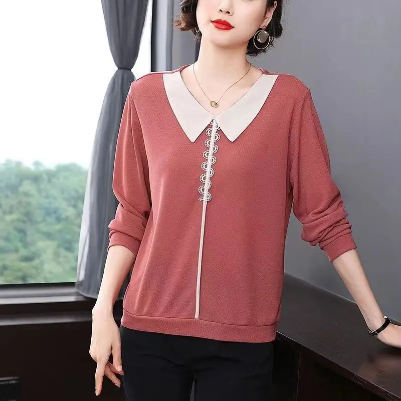 Spring Autumn Peter Pan Collar Spliced Solid Color T-shirt Female Fashion New Loose Long Sleeve Pullovers Tops Women's Clothing