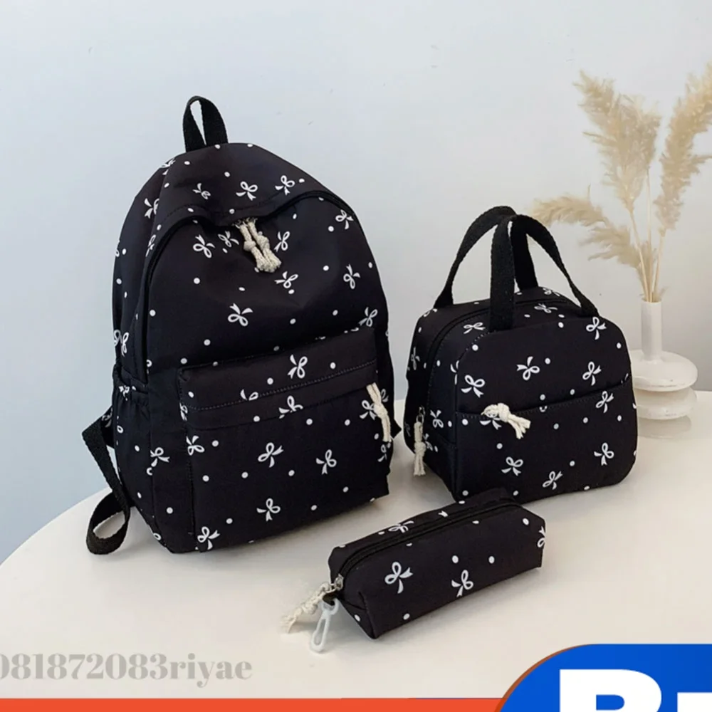 3Pcs/Set Kawaii Nylon Backpack with Handbag & Pencil Case All-Match School Bag Cute Bowknot Backpack School Outdoor Lunch Box