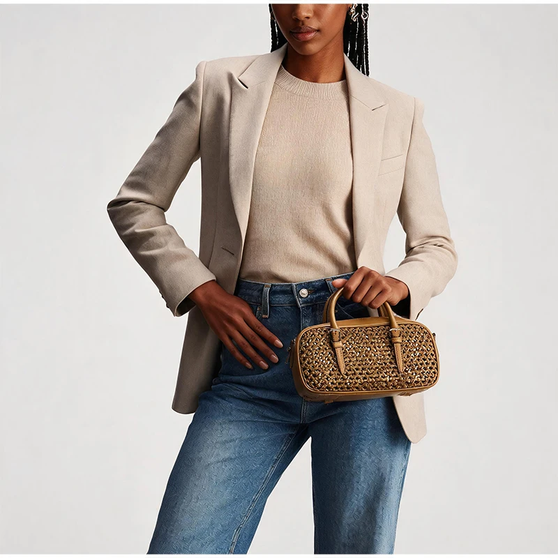 Designer Hollow Boston Bowling Umhängetasche, Vintage Handtasche mit Tragegriff für Damen, Leichte Vielseitige Tote Bag für den Arbeitsweg – Detail 13