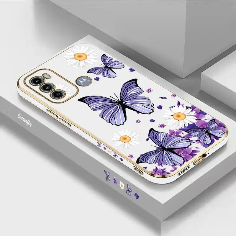 Purple Butterflies Luxury Plating Phone Case For Motorola Moto G60 G53 G52 G50 G42 G30 G20 G22 G52 E7Plus G9 Play G8 Power Cover