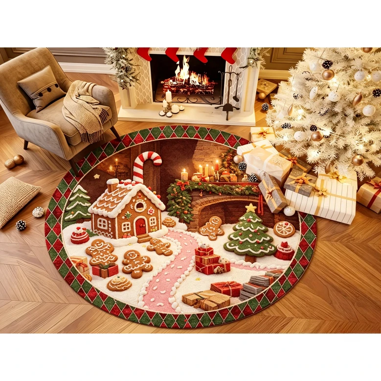 Holiday Gingerbread Village Round Floor Rug Cute Gingerbread Man House Christmas Scene Pattern Decor Area Rug for Ornament