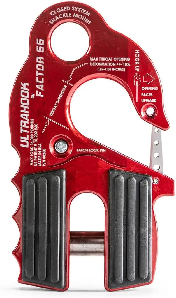 Winch Hook for Offroad 4x4 Adventure - Closed System Shackle, Max Load 16,000 lbs, Red, High Strength