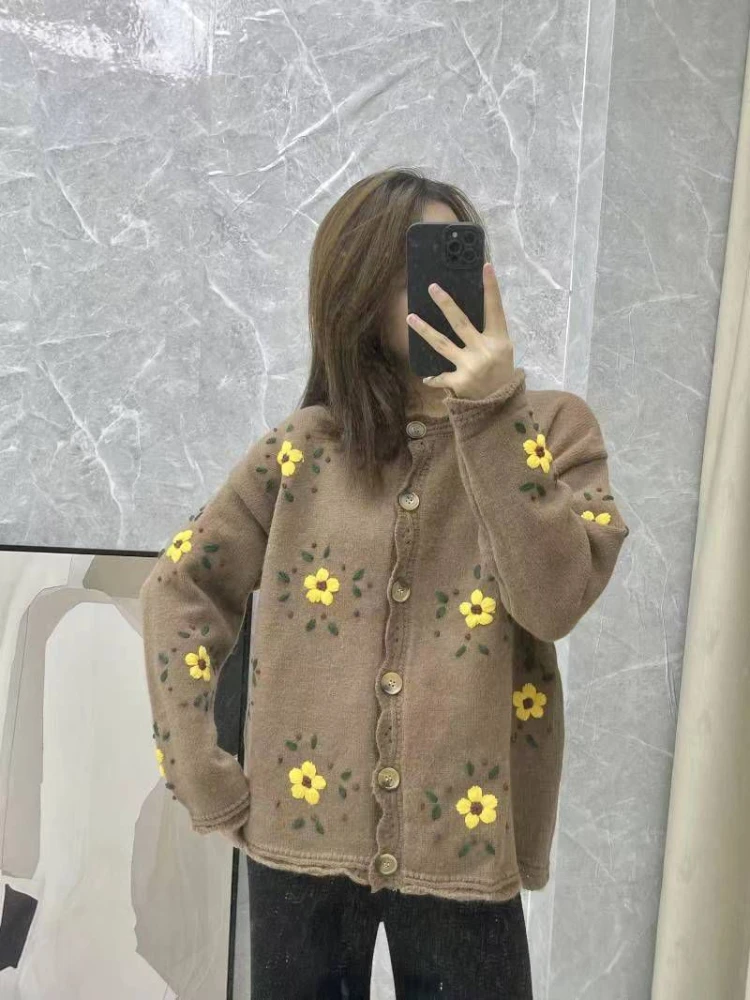 Women's Spring And Autumn Online Celebrity Explosions Embroidered Flowers Chinese Style Elastic Knitting Cardigan Sweater Coat