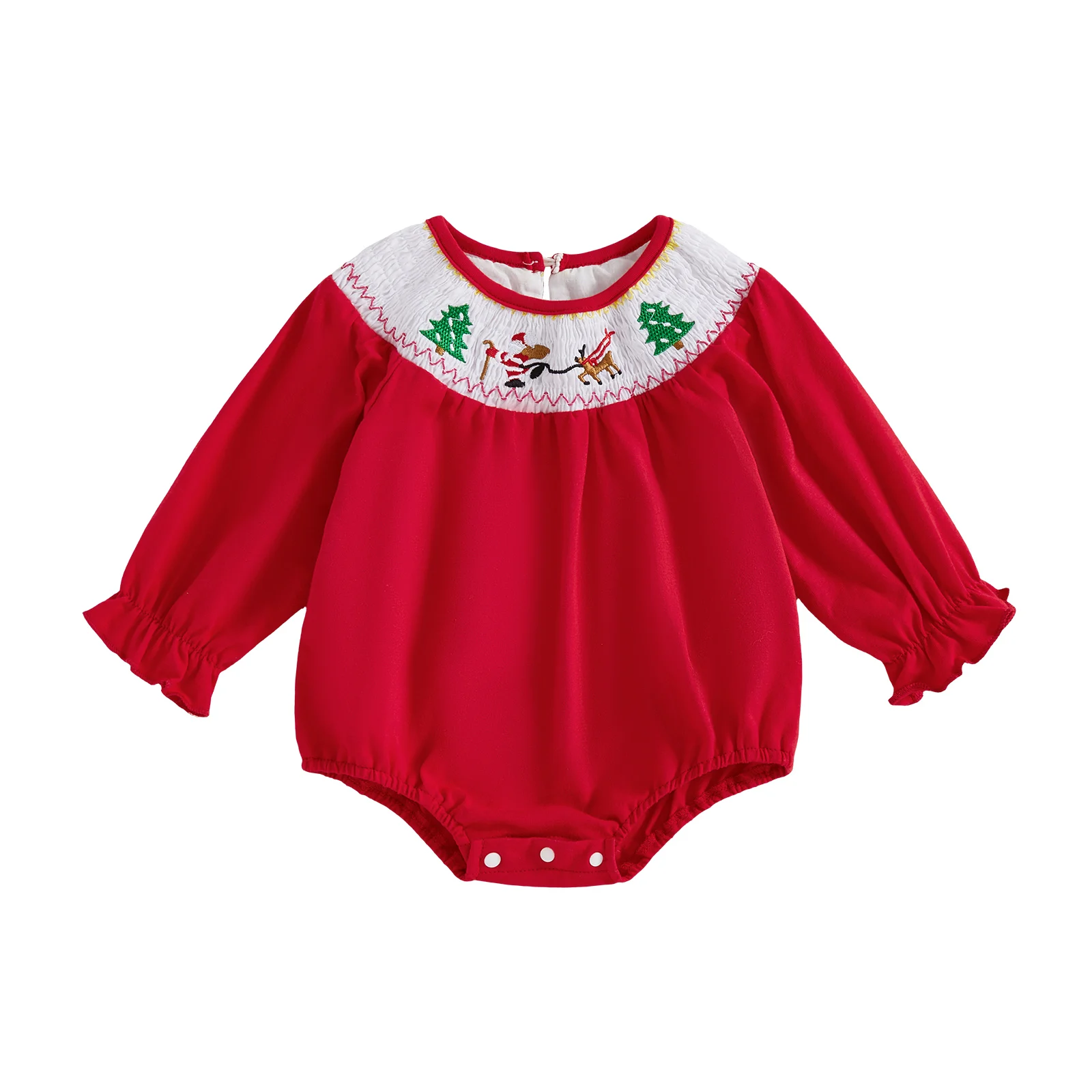 

Baby Girl Christmas Romper Long Sleeve Round Neck Tree Reindeer Embroidery Jumpsuit