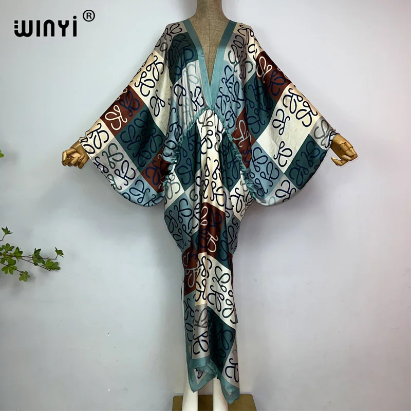 Sexy beach high-quality hand-rolled feel silk rayon fashion print 2023 WINYI Maxi women\'s robes long beach V-neck Bohemian dress