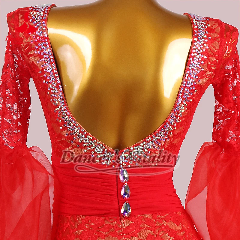 Standaard ballroomdans rode lantaarnmouwen grote schommeljurken hoogwaardige op maat gemaakte volwassen wals tango quickstep prestatiekleding
