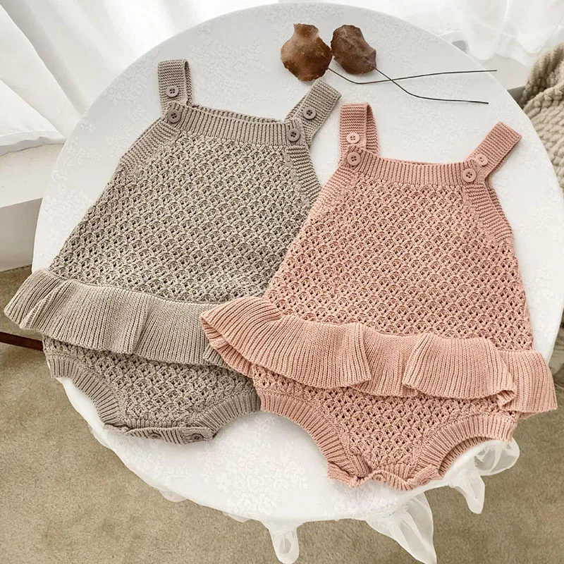 Autumn Spring Infant Baby Girls Knitting Jumpsuit Sleeveless Solid Color Hollowed Out Knitting Newborn Baby Girls Bodysuits