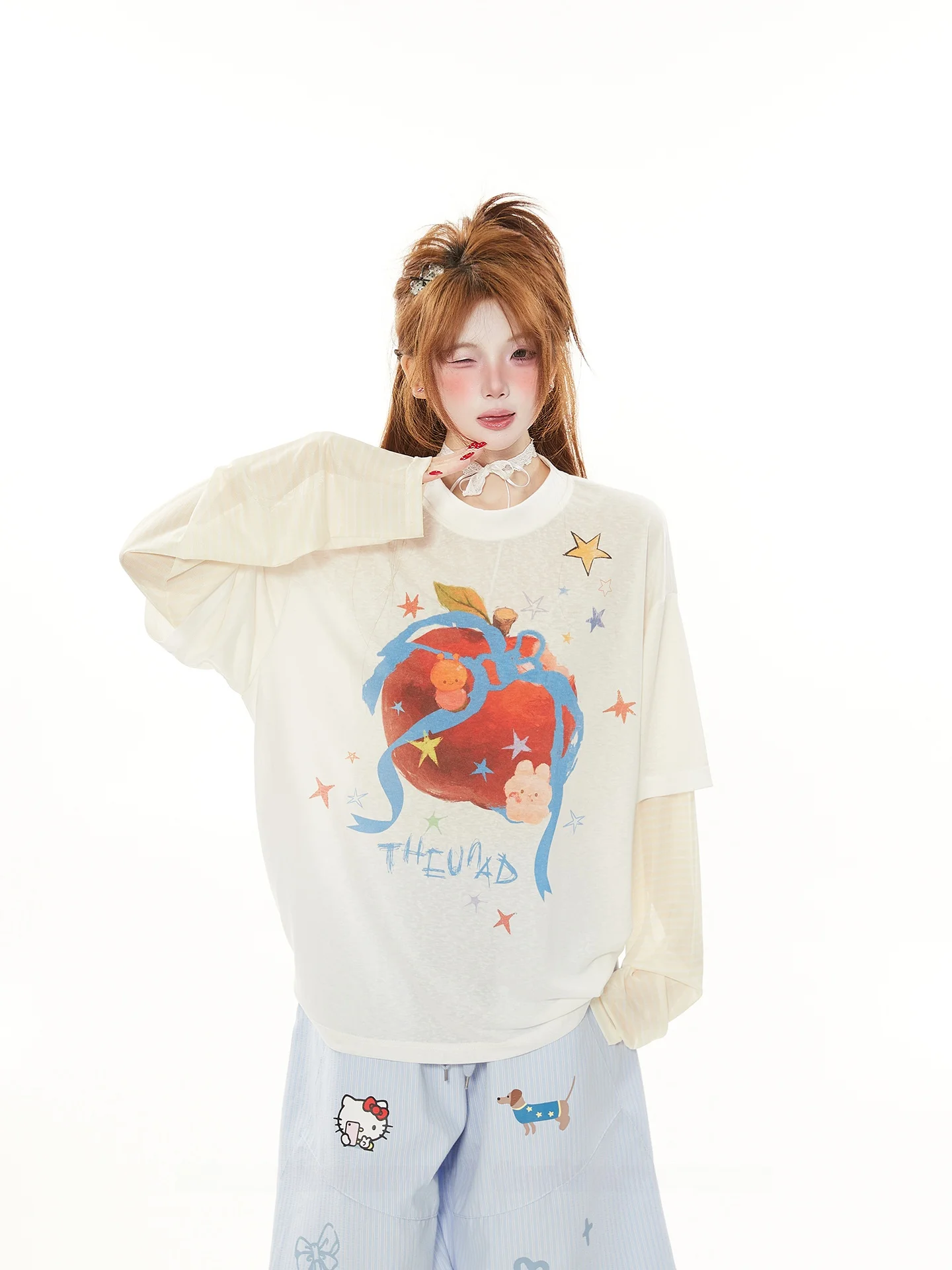 Dopamine Color Block Cartoon Long Sleeve T-Shirt Women's Spring Autumn Thin Unique Fun Cartoon Print Top Sweet Style Loose Fit