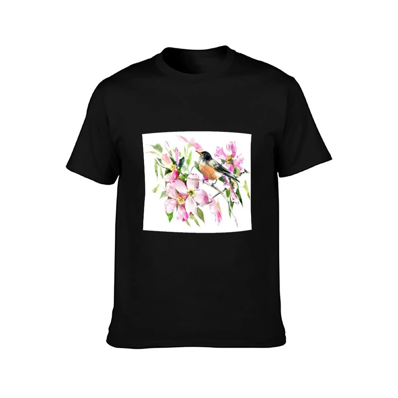 American Robin and Dogwood Flowers T-Shirt Summer Sports Quick Dry T-Shirt