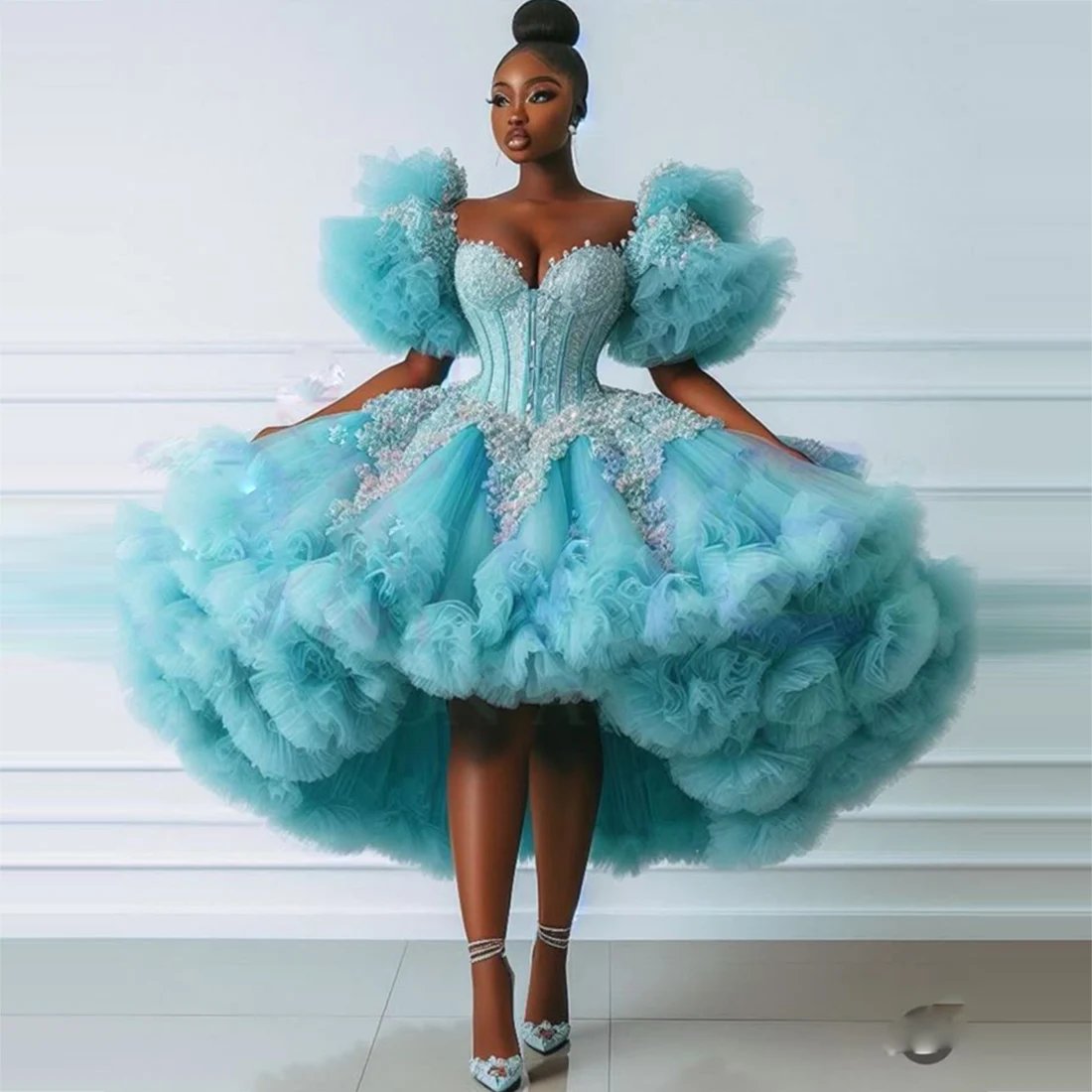 فستان بناتي منتفخ مكشكش للحفلات الراقصة مزين بالدانتيل وأكمام قصيرة مطرز بالخرز ومنخفض للحفلات المسائية وأعياد الميلاد