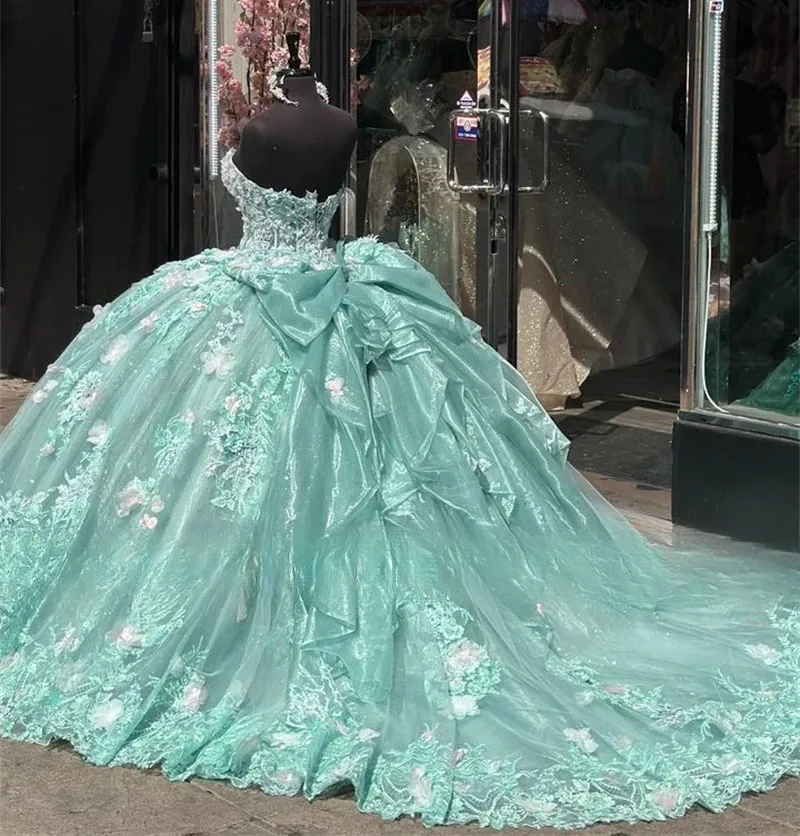 Vestidos de quinceañera Verde menta, vestido de baile, escote Corazón, tul, apliques florales, dulce 16, 15 Años, mexicano