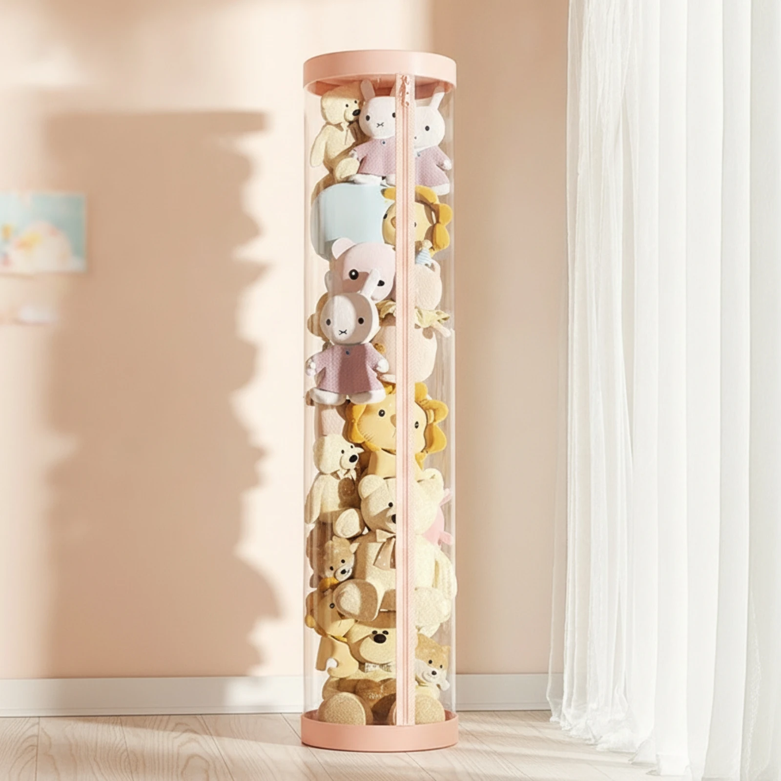 Stuffed Toy Storage Barrel with Zipper Space-Saving Clear Doll Storage Cylinder Stuffed Container Tall Toy Bin Easy Access view 2