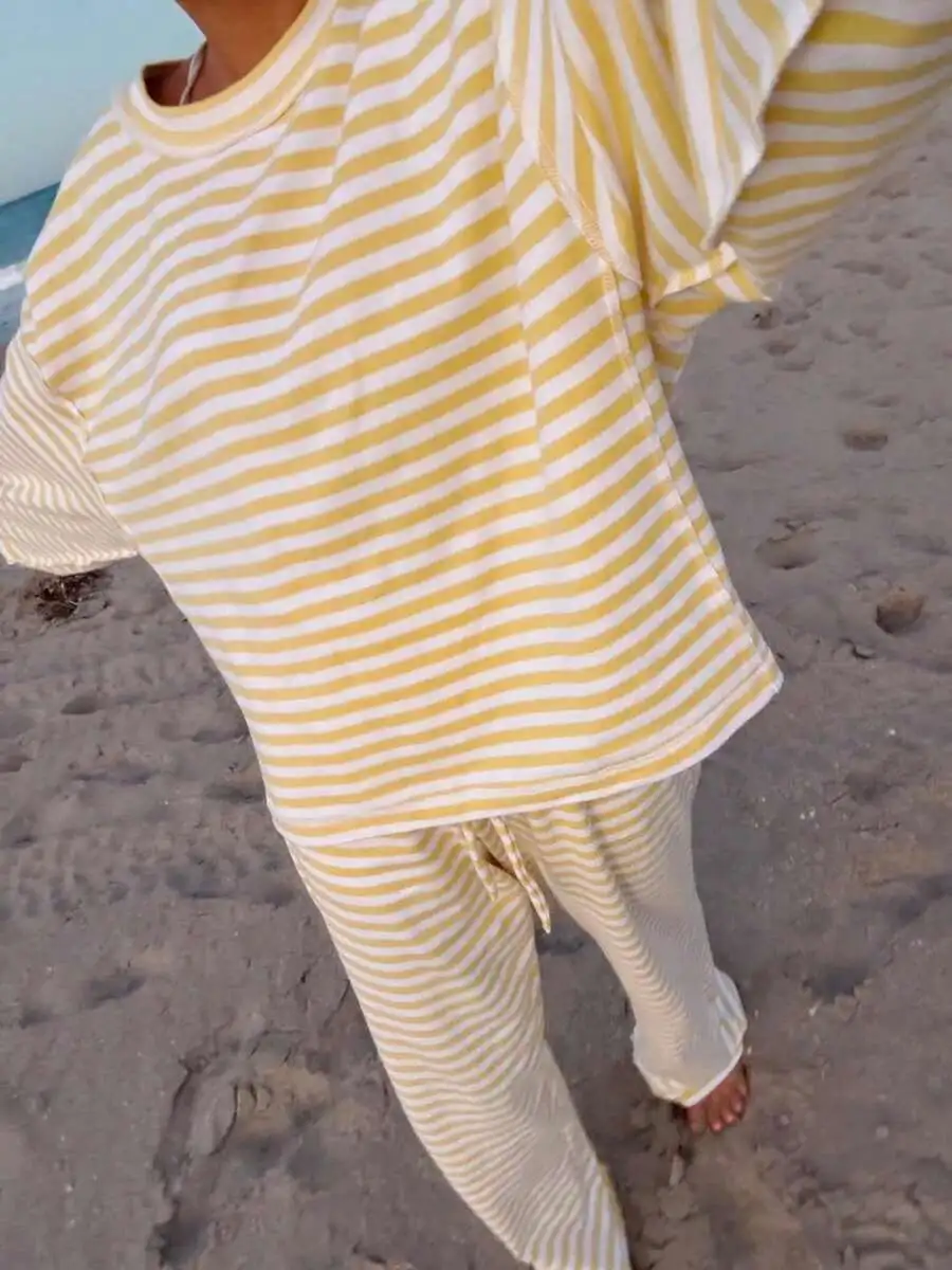 Womens Striped 2 Piece Lounge Set Crew Neck Long Sleeve Top Elastic Waist Wide Leg Pants Comfortable Sleepwear