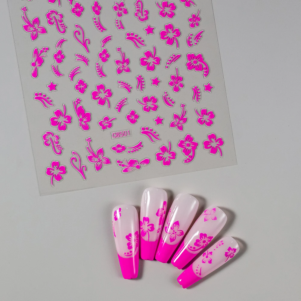 2 folhas de ouro preto 5d hibisco flor adesivos de unhas conjunto em relevo retro elegante cinco pétalas flor autoadesivo prego declas slider