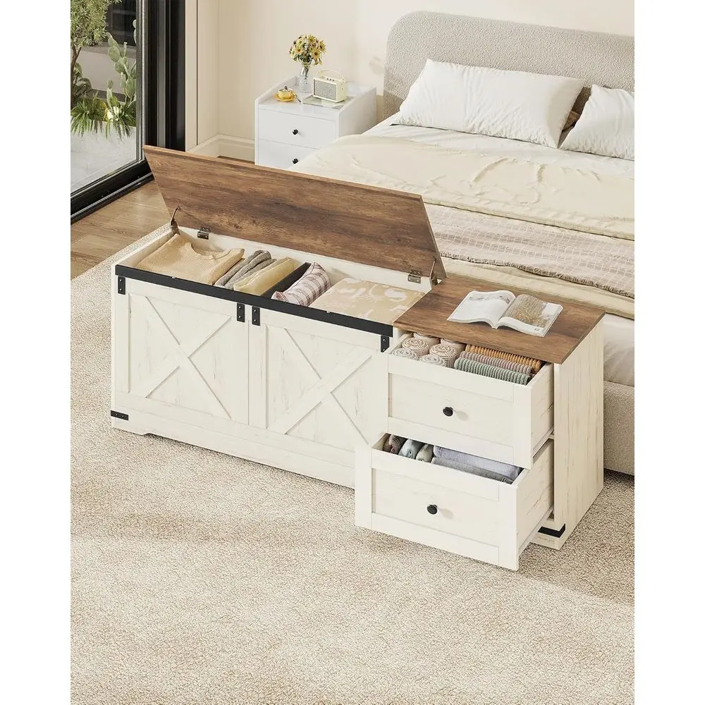 59 Extra Large Storage Bench with Double Drawers, Armhouse Style Wooden Chest Bench with Barn Door, Large Trunk for Living Room,