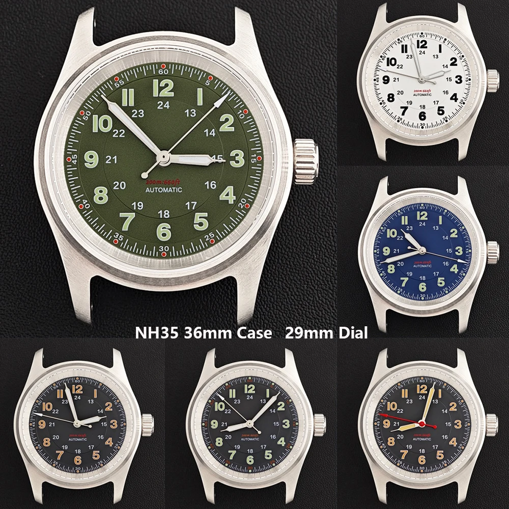 36mm NH35 Pilot Watch Case 29mm green luminous Dial Sapphire Glass Stainless Steel Case Fit NH35 NH36 Movement Customizable Logo