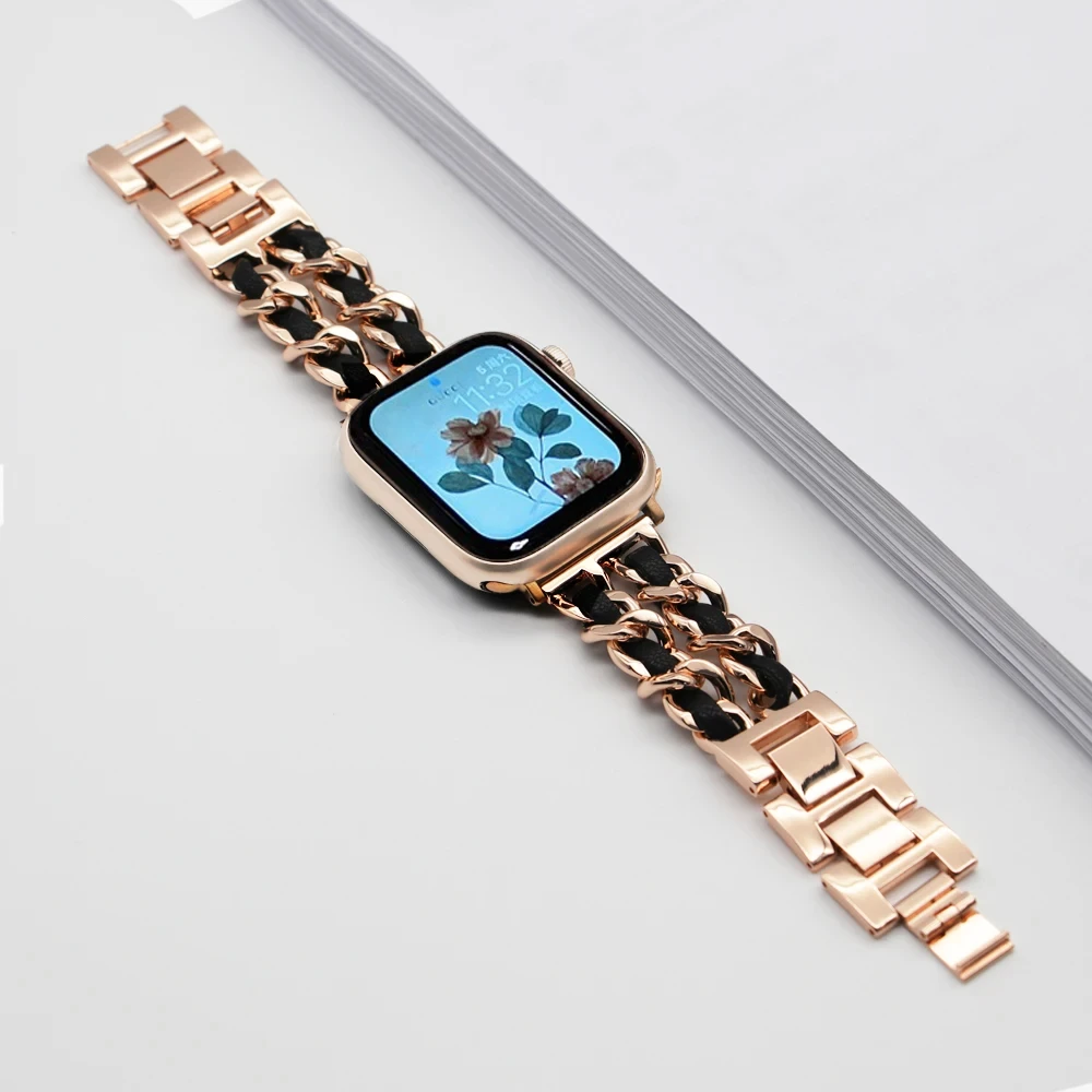 Women Luxury Strap+Diamond Case for Apple Watch Band 45mm 44mm 42mm 41mm Leather Steel Bracelet for IWatch Series 9 8 7 6 SE 5 4