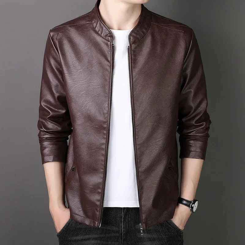 New Winter Men Fleece-Lined Stand Collar Biker Leather Casual All-Match Solid Color Baseball Jacket